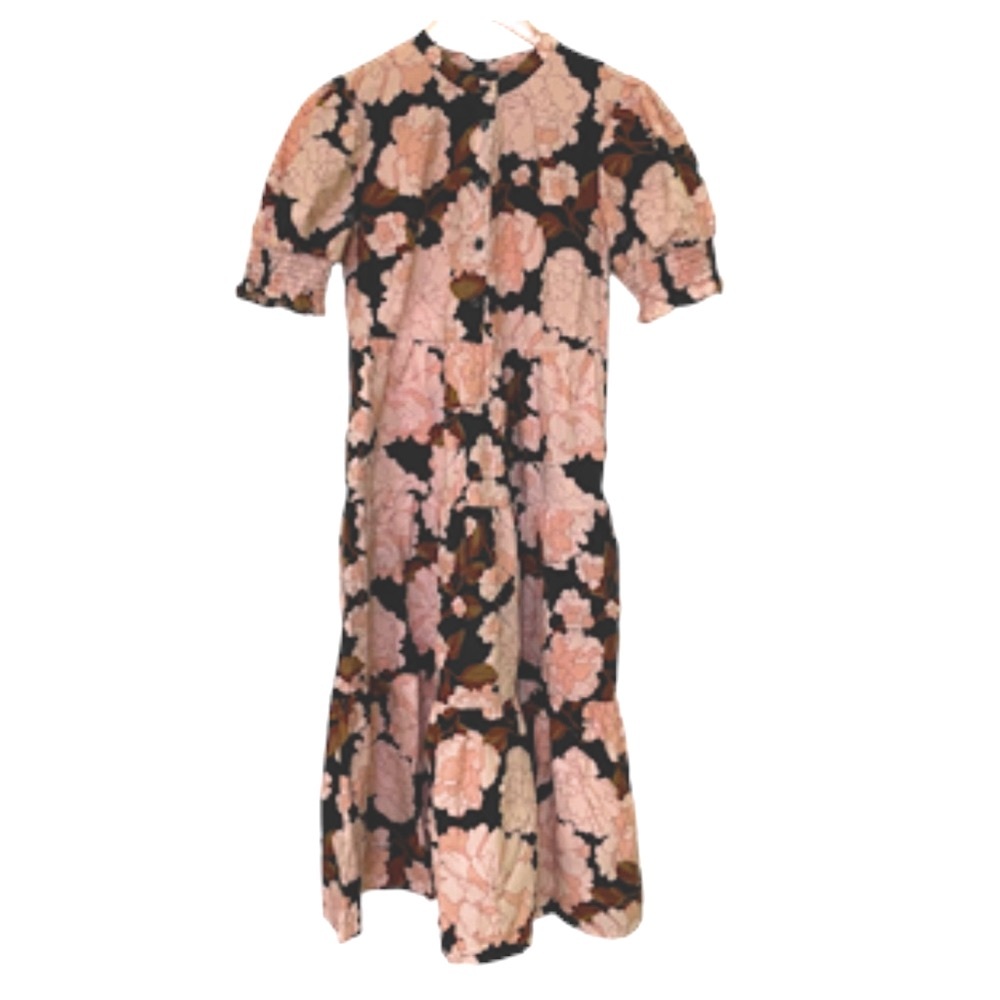 Who What Wear Dress Floating Mums Floral Cotton Full Skirt Puff Sleeve Buttons